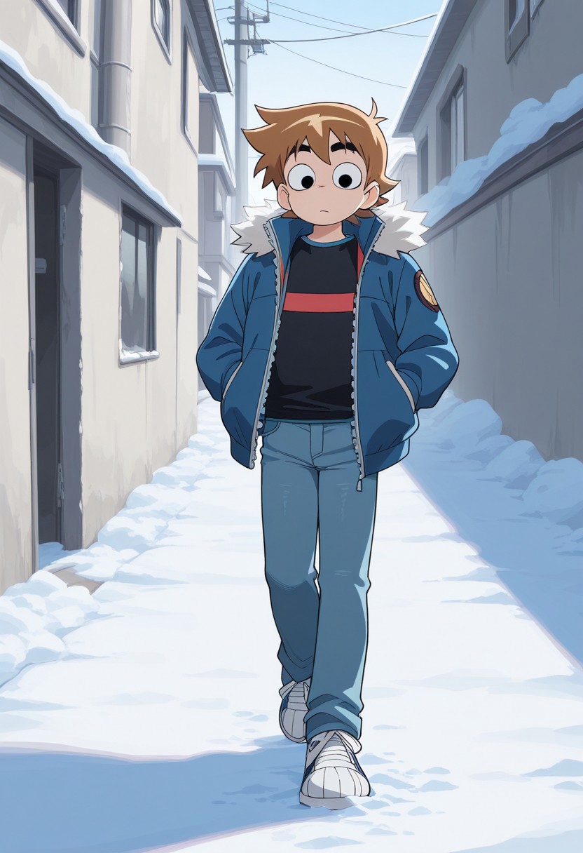 masterpiece,best quality,amazing quality, source_anime,
scotpilgr, 1boy, male focus, solo, black eyes, brown hair, short hair, shirt, black shirt, jacket, blue jacket, fur trim, open jacket, jeans, shoes, sneakers
outdoor, snow, street,