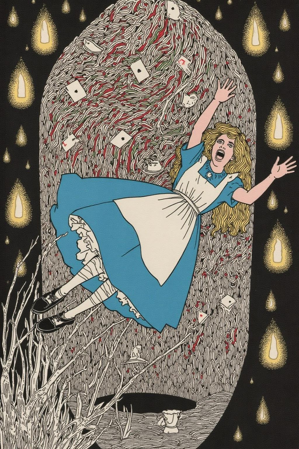 aubreybeardsley1 illustration.
Overhead shot of Alice in Wonderland falling into the rabbit hole, with her legs dangling beneath her. She is looking upward, her face filled with shock and terror as she screams. Her blue dress and white apron billow out around her as she tumbles, while her striped stockings and black shoes are visible below. The rabbit hole is a swirling, chaotic mix of vibrant colors, playing cards, teacups, and other Wonderland objects floating around her. Soft glowing light emanates from the tunnel walls, adding an eerie, fantastical feel to the scene. The sense of motion and fear is palpable as Alice falls deeper into the unknown <lora:aubreybeardsley3_cap_d6a3e12:1.0><lora:844812078767316200:0>