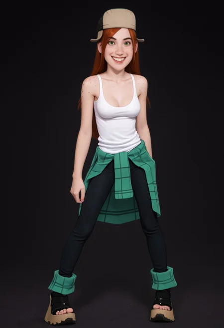 score_9, score_8_up, score_7_up, (ultra HD quality details),
dark background,
standing, posing for photo, looking at viewer,
1girl, Wendy, medium breasts,
purple eyes, cute nose,
long red hair, hat,
green eyes, white sclera,
freckles,
long thin legs,
white tank top, jewelry, sweater around waist, black pants,
black platform shoes,
timid smile,