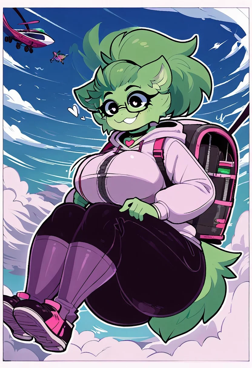score_9, score_8_up, score_7_up, BREAK, axolotl girl, tail, 3 axolotl gills, gills on each side of head, hair fluff, fluffy hair, ponytail, green hair, hair, pure black eyes, white pupils, thick ass, green fur, big eyes, eyelashes, eyebrows, smug face, big breast, purple thigh-highs, female, collar on, heart on collar, silver frame glasses, white hoodie, black sweat pants, skydiving, excited face, smile, eyes wide opened, parachute, wearing parachute, clouds, in the sky, falling, falling from the sky, in the clouds, looking down, detailed, detailed background