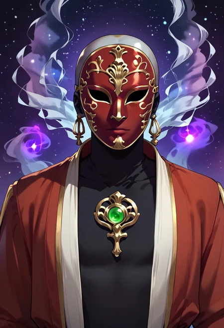Score_6, score_9, score_8_up, score_7_up, score_6_up, source_anime, semi realism, masterpiece, detailed, ShadowPerson, <lora:ShadowPerson-000004:1>, colored skin, black skin, bald faceless, silhouette, best quality, masterpiece, 1boy, male focus, solo, upper body, high shot, (fantasy, sorcerer, wizard, cultist, undead, villain, evil, aura, magic, red robes, with high collar, silver chest plate, silver gantlets, green and gold metal pauldrons, jeweled pauldrons, ring, egyptian scarab pendant, bracelets, cuffs, open robe, long flowing robes, cosmic background, cosmic temple, no face, male face mask, masculine mask, with nose, with mouth, mask with contempt expression, ((silver mask over face:1.3)), white mask, , glowing eyes, easynegative, ng_deepnegative_v1_75t