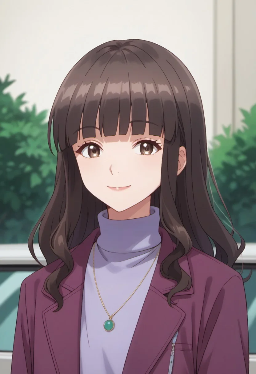 score_9, score_8_up, score_7_up, source_anime, fujimiya shihoko, long hair, dark brown hair, brown eyes, 1girl, solo, jewelry, smile, necklace, jacket, upper body, turtleneck, blunt bangs, purple jacket, outdoors