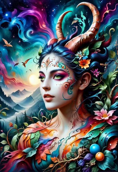 an intricate portrait of a mythical figure, embodying elements of nature and cosmic energy. The figure should have vibrant, swirling patterns on their skin, resembling flora and fauna. Incorporate colorful spirals and circles throughout their hair, simulating a galaxy. Highlight features such as majestic horns and a serene expression, surrounded by an ethereal background of luminous colors that evoke a sense of wonder and mystique. inkbaroque