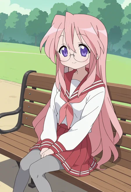 score_9, score_8_up, score_7_up, score_6_up, score_5_up, score_4_up , anime coloring ,BREAK source_anime, anime,screencap,
1girl, solo, lsmiyuki, 1girl, solo, school uniform, school shirt, sailor collar, pink neckerchief, grey pantyhose, glasses, red skirt, <lora:PonyXL LS Miyuki V2:1>
outdoors, sitting on bench,
smile, looking at viewer,