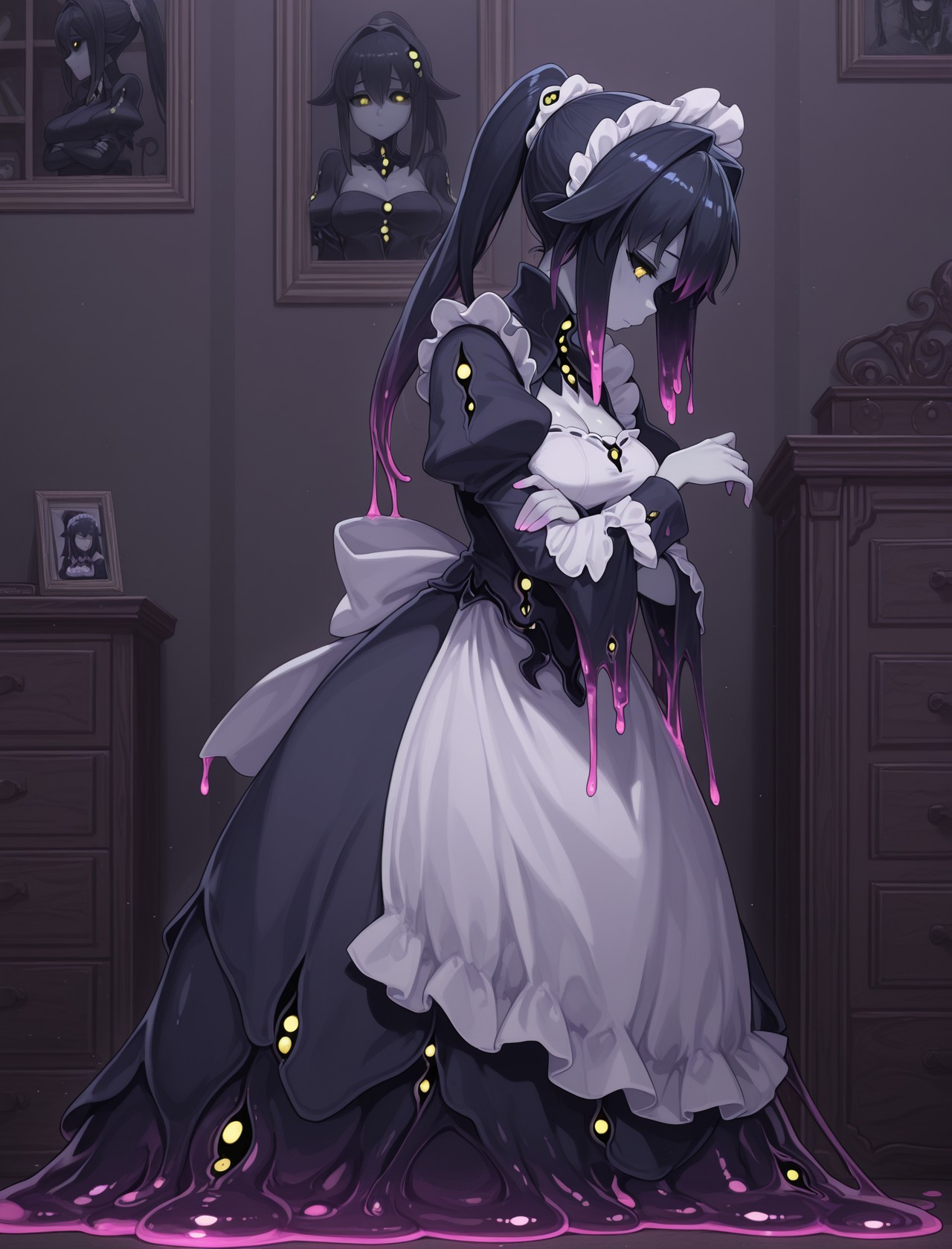 masterpiece, best quality, amazing quality, 1girl, yellow eyes, Shoggoth, slime-girl_partial, colored skin, grey skin, colored sclera, black sclera, black slime, pink slime, gradient slime, maid headband, slime-puddle, slime-tentacles, abyssal theme, close up, from side, bedroom, drawers, shelf, picture frame, looking down, arms crossed <lora:MGE_V6_0_final:1.0>