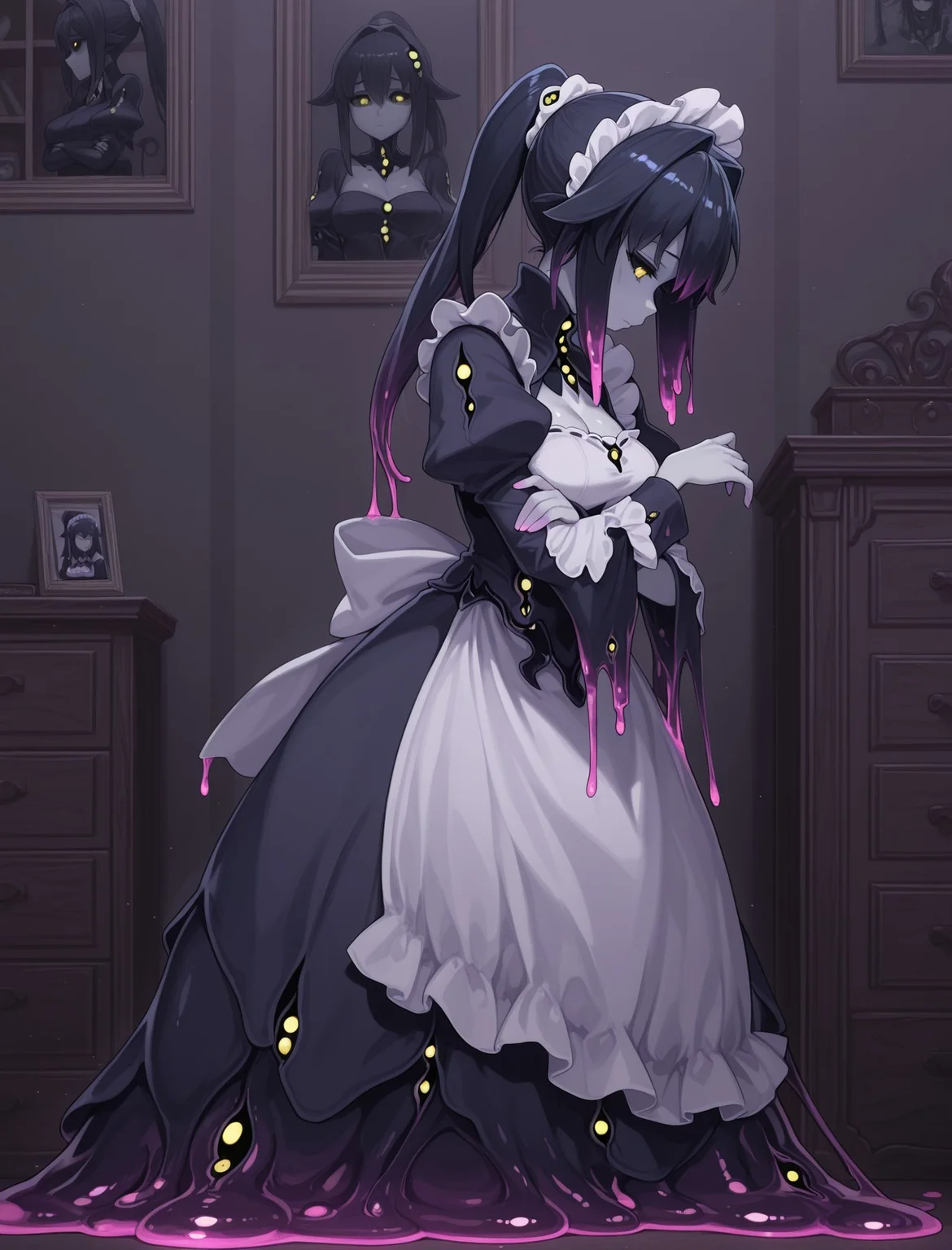 masterpiece, best quality, amazing quality, 1girl, yellow eyes, Shoggoth, slime-girl_partial, colored skin, grey skin, colored sclera, black sclera, black slime, pink slime, gradient slime, maid headband, slime-puddle, slime-tentacles, abyssal theme, close up, from side, bedroom, drawers, shelf, picture frame, looking down, arms crossed <lora:MGE_V6_0_final:1.0>