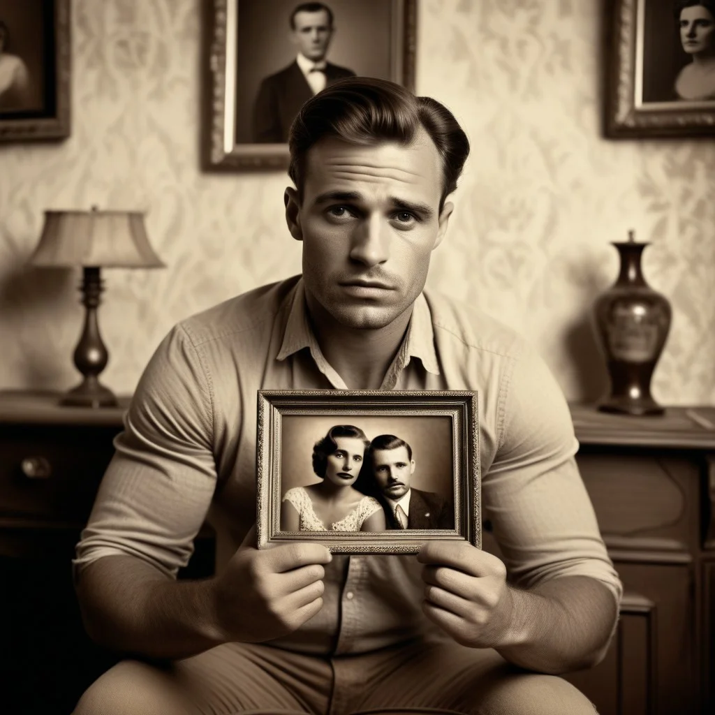 Portrait of a man with a photo in hands, the photo show a beautiful woman, his mood is sad, he is sitting a seing the photo in a room with a vintage decoration, sepia tones, black and white photo
