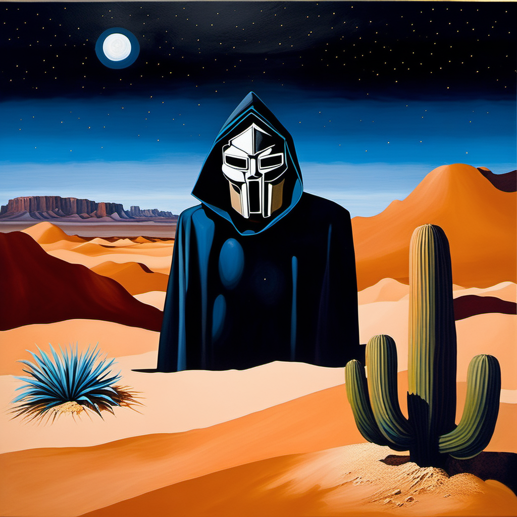 painting of MF DOOM, night time, Desert George Condo Style, horror(theme),  <lora:MBTDF xl-000004:0.9>