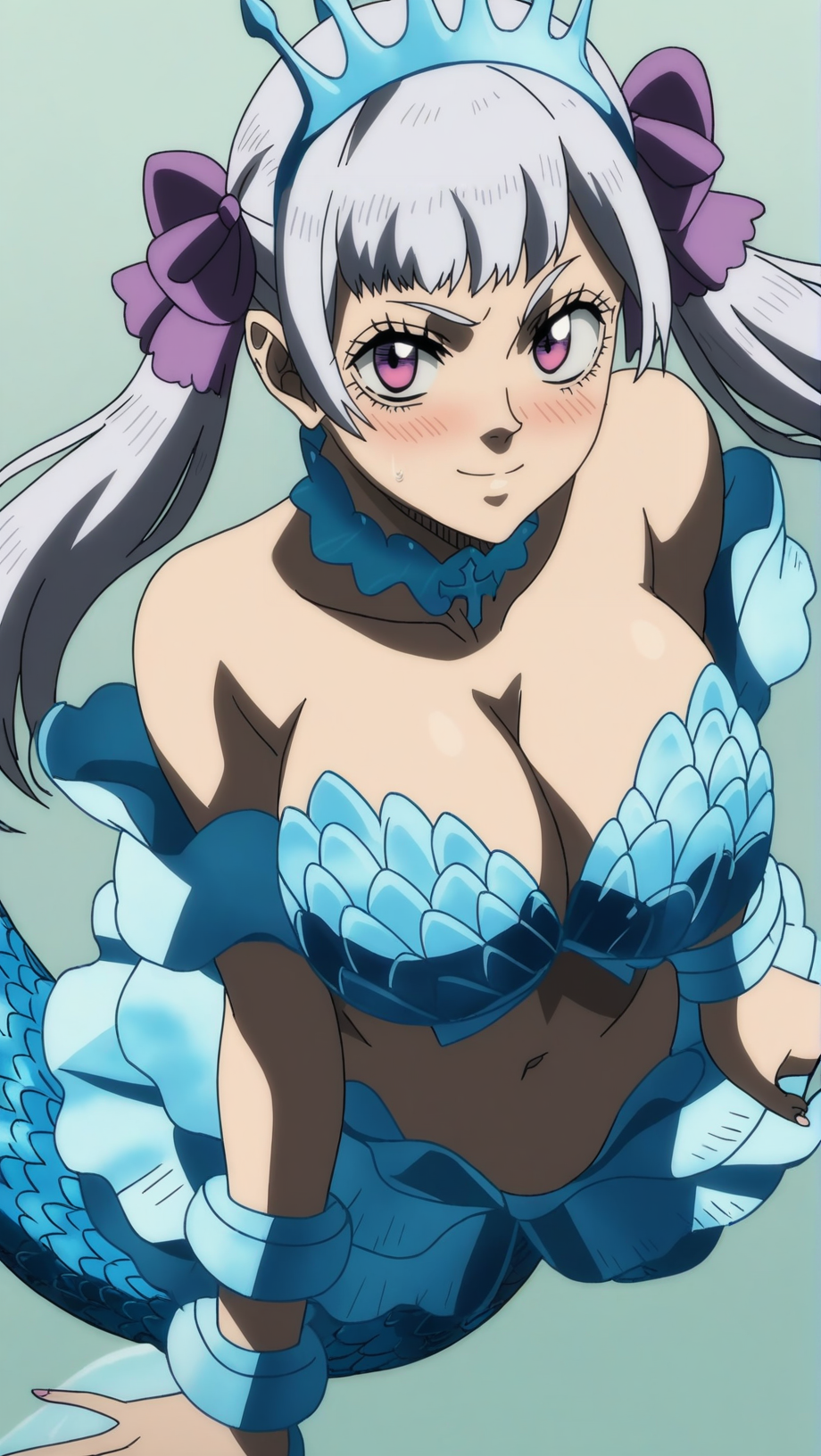 source_anime, score_9, score_8_up, score_7_up, anime screencap, high quality, 8k, absurdres, official style, 1girl, solo,<lora:Noelle_Silva_Spade:0.8>, noelle silva, silver hair, purple eyes, spade arc, long hair, twintails, hair bow, purple bow,breasts, large breasts, cleavage, navel, midriff, monster girl, mermaid, monsterification, scales, bare shoulders, blue bracelet, jewelry, crown, collarbone, seductive face, blush, looking at viewer, seductive smile, blue crown, blue theme