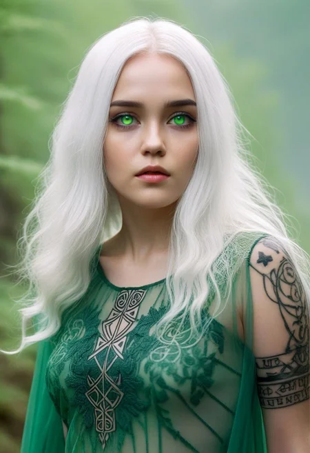 Beautiful woman, white hair, long hair, glowing green pupils, voluptuous, runic tattoos. sheer dress. full-body shot, legs. Standing in a hazy forest. River in background. Fixhand.
