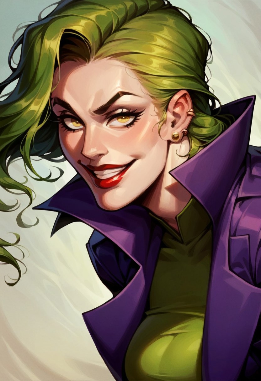 score_9, score_8_up, score_8_up, 1girl,
, joker the batman), pale skin, unnaturally white skin, green hair, red lips, piercing eyes, permanent smile, female joker, large breast, wide grin,green or yellow eyes, purple suit, purple coat, green vest