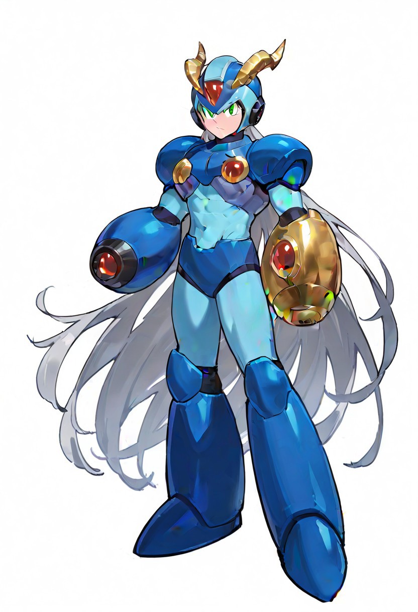 masterpiece, best quality, amazing quality, highres, high resolution, solo, score_9, score_8_up, score_7_up, 1boy, male focus, :green_eyes, blue_helmet, blue_armor, blue_bodysuit, white_gloves, blue_boots, arm cannon, very long hair, grey hair, large pectorals, ex kulve taroth alpha armor, gold horns, gold gauntlets, black knee boots, gold pauldrons full body,
