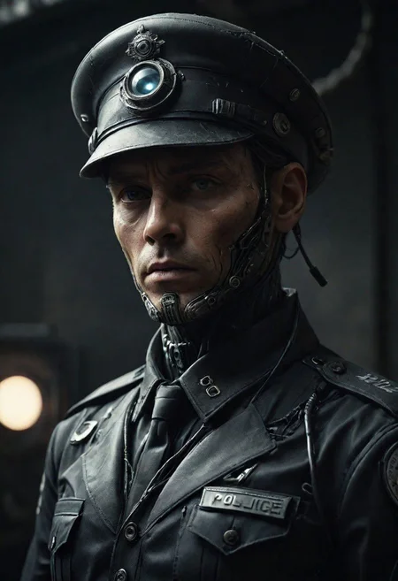 Create a captivating caption for a close-up photo of a grim looking Thought Officer in a retro sci-fi police uniform with a peaked cap. The dystopian backdrop sets the tone, and the officer's face is a striking blend of human and cyborg elements, with one glowing eye.
very detailed, atmospheric haze, Film grain, cinematic film still, shallow depth of field, highly detailed, high budget, cinemascope, moody, epic, OverallDetail, gorgeous, 2000s vintage RAW photo, photorealistic, candid camera, color graded cinematic, eye catchlights, atmospheric lighting, skin pores, imperfections, natural, shallow dof