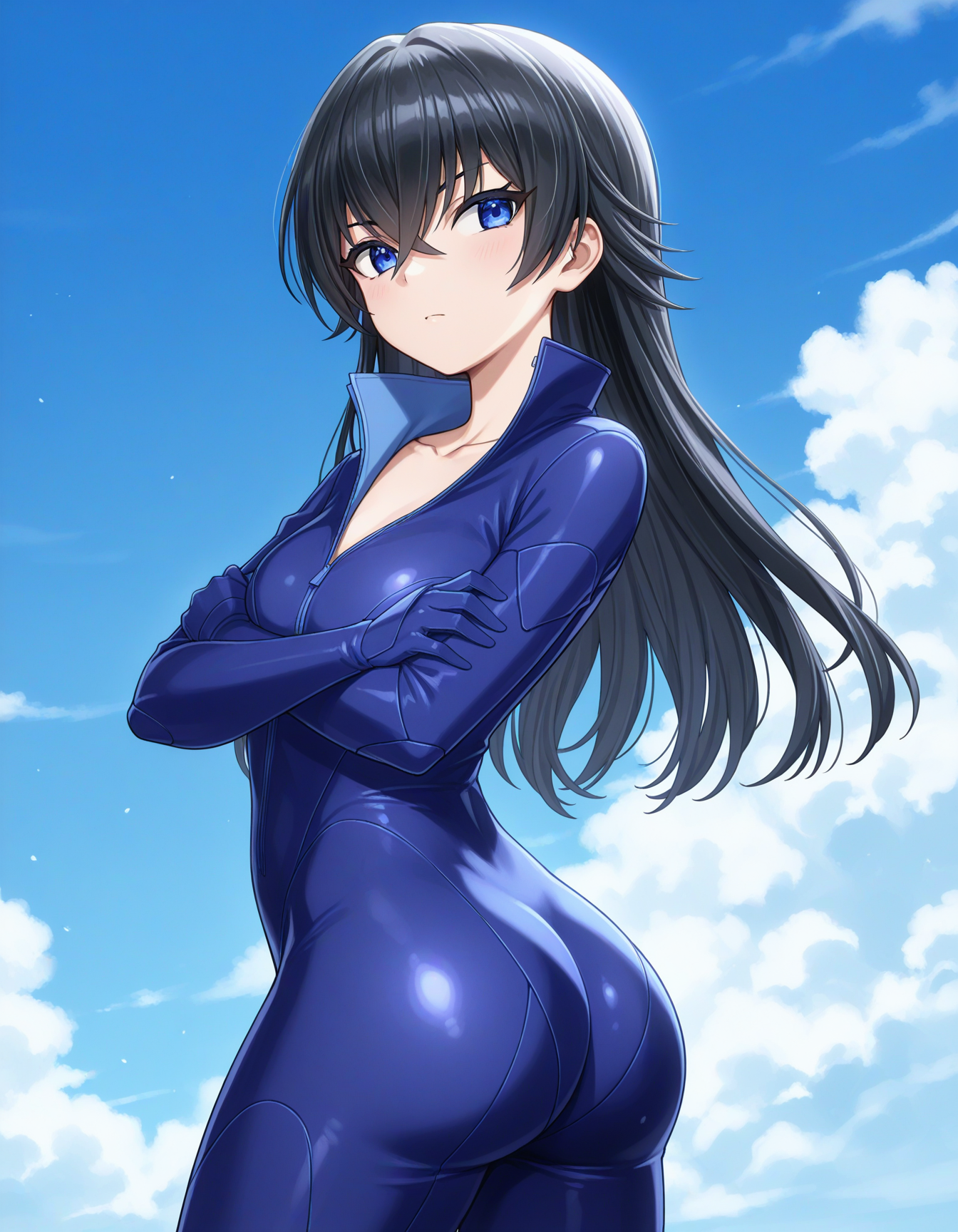 1girl, solo, hagane otsuki, black hair, long hair, hair between eyes, blue eyes, Otsuki_Uniform, blue bodysuit, collarbone, zipper, light theme, crossed arms, twisted torso, looking back, big ass, blue sky, cloud, outdoors <lora:hagane_otsuki_ilxl_v1:0.7>