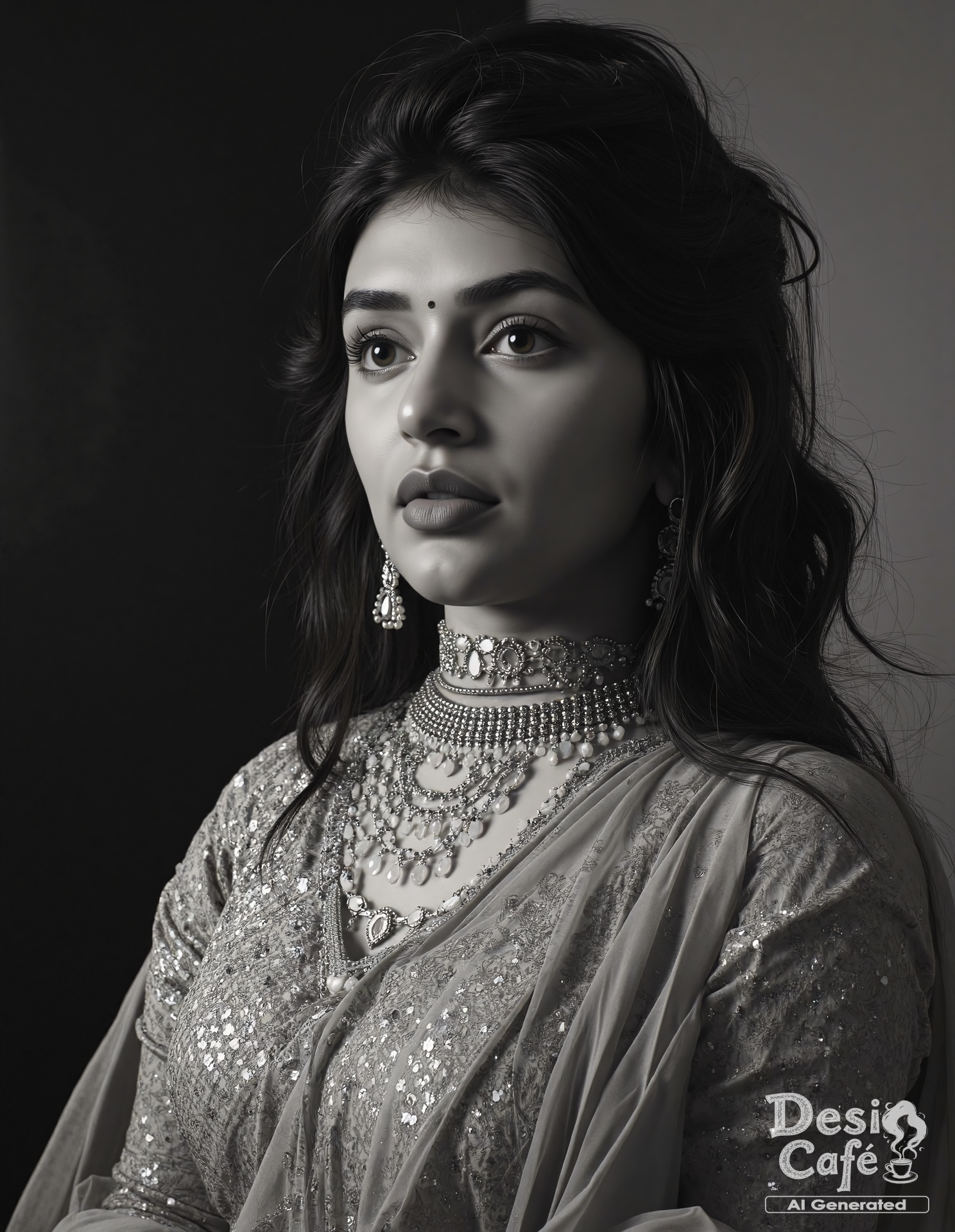 vintage still from black and white noir film photo of Sreeleela woman, hyper realistic photo that is safe for work, expression of wonderment with wide eyes, studio quality image, well dressed wearing intricate turtleneckBomkai Saree (Odisha traditional saree), hair styled as wispy fringe,muted shaded wallpaper background that contrasts with the person, cinematic lighting,âââââ <lora:Sreeleela_Flux_Kohya_V1-000005:1>âââ