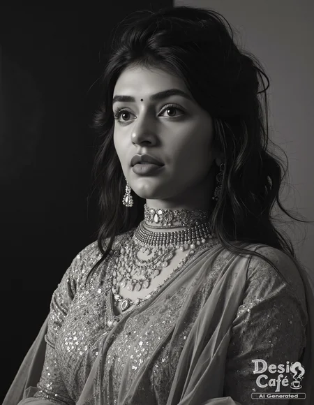 vintage still from black and white noir film photo of Sreeleela woman, hyper realistic photo that is safe for work, expression of wonderment with wide eyes, studio quality image, well dressed wearing intricate turtleneckBomkai Saree (Odisha traditional saree), hair styled as wispy fringe,muted shaded wallpaper background that contrasts with the person, cinematic lighting,âââââ <lora:Sreeleela_Flux_Kohya_V1-000005:1>âââ