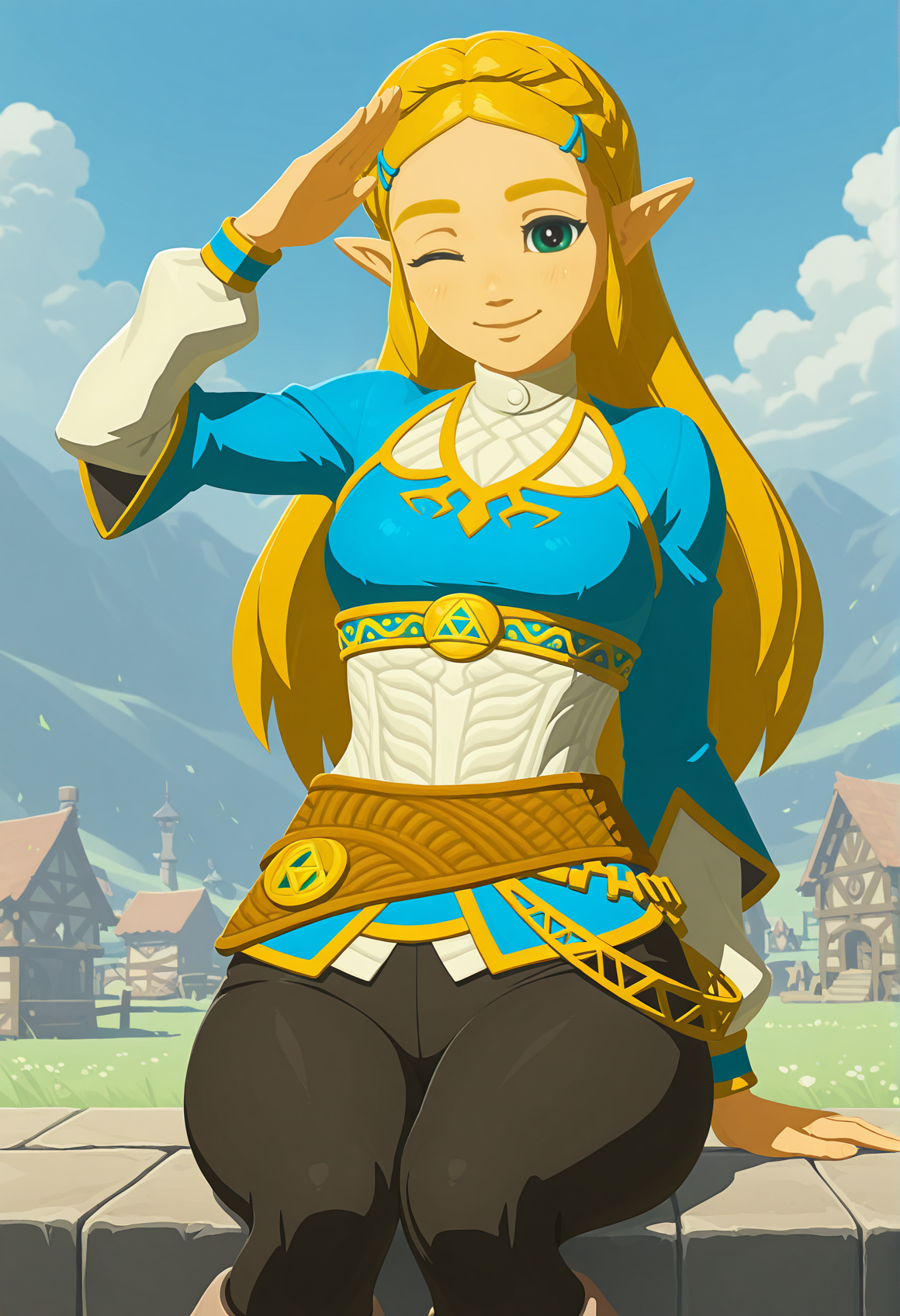 amazing quality,very aesthetic,absurdres,best quality,newest,masterpiece,4k resolution, absurdres, highres, detailed background, 
  <lora:Princess_Zelda_ILXL:0.8> 1girl, princess zelda, blonde hair, pointy ears, botw, long hair, hair ornament,  blue shirt, black legwear, (thick thighs:0.6), smile, happy, looking at viewer, zora,village, salute, one eye closed,  face focus, upper body,