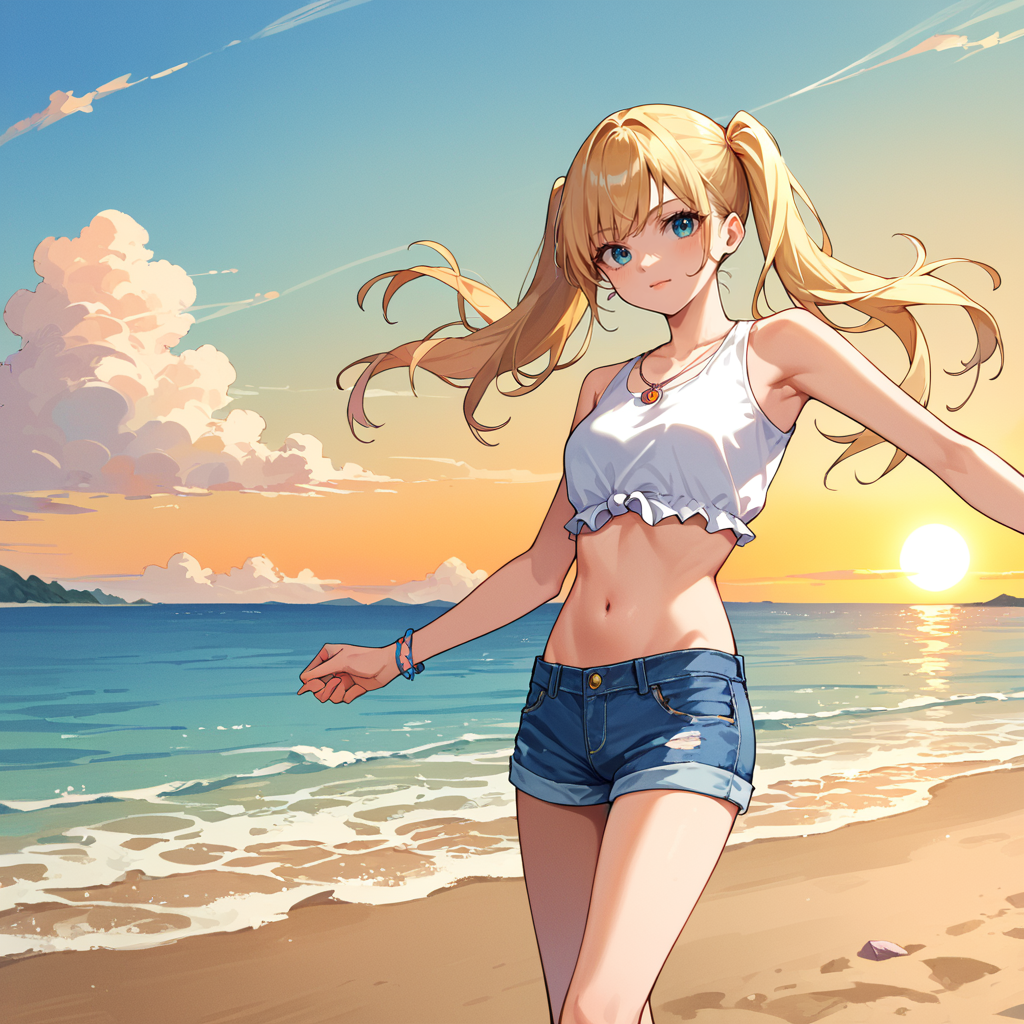 score_9, score_8_up, score_7_up,source_anime, rating_safe, 1girl, blonde hair, twintails, white crop top, blue denim shorts, beach, sunset, standing,