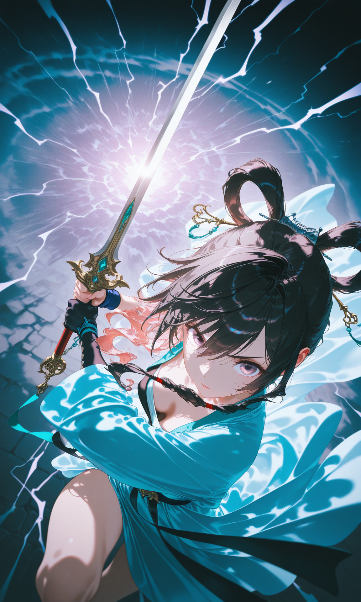 masterpiece,best quality,amazing quality,
yoneyama mai,dynamic composition,close-up,high angle,dutch_angle,
BREAK
1girl,looking_at_viewer,
black_hair,
hanfu,hair_rings,
fighting_stance,lunge,lightning_farron,swinging,holding sword,
Lightning splatter,lightning storm,
dreamscape,dreamy,
BREAK
abstract colors,multicolored,<lora:lecastyle:1>,lecastyle,