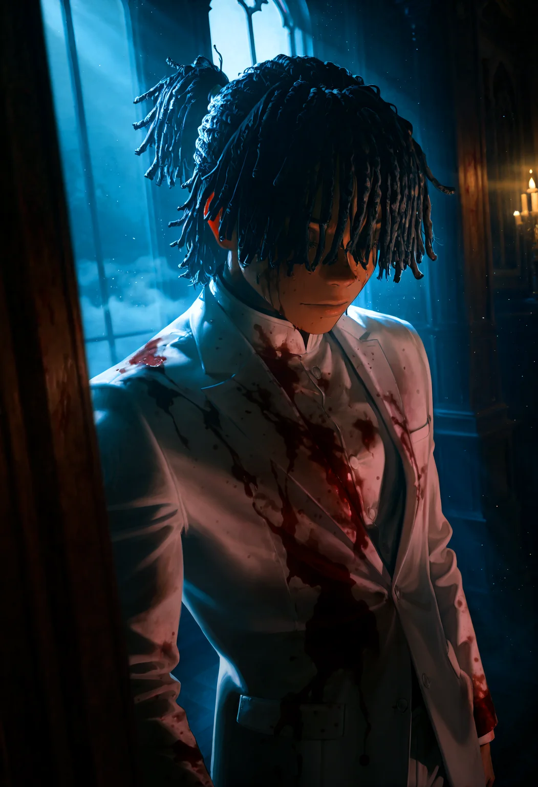 HDR, 8K, high contrast, masterpiece, best quality, amazing quality, very aesthetic, superabsurd res, high resolution, ultra-detailed, absurdres, newest, scenery, (horikoshi kouhei:0.3), (quasarcake:0.3), (wlop:0.3), light rays, chiaroscuro, dynamic angle, from side, male focus, 1boy, dark skin, dreadlocks, short hair, long ponytail, kms_hangtime, dreads over eyes, dreads covering eyes, solo, dynamic pose, white tuxedo, white suit, blood on face, (blood stain on clothes:1.4), (blood:1.35), in the church, church interior, fog, melancholy, dramatic, moody, dark, night, fog, Intricately designed, Mysterious Shadows, BREAK, photorealistic, detailed skin, detailed hair, volumetric lighting, dappled light, light particles, dramatic shadows, cinematic lighting, photo background, depth of field, <lora:ponyxl\cfg_scale_boost:0.8> <lora:IL\KMS_Hangtime_IL-000005:1>