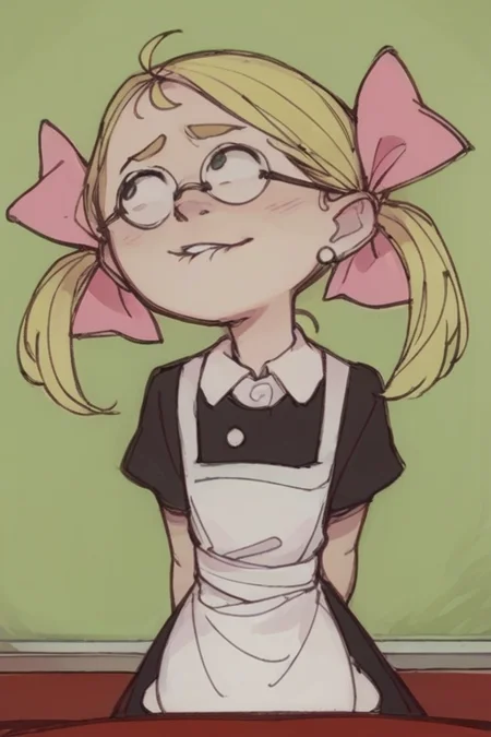 score_9, score_8_up, score_7_up, score_6_up, 1girl, solo, :p, sideways, looking away, <lora:tst:0.7> blonde hair, twintails with pink bows, round glasses, black short minidress, white apron, shoes with white socks <lora:feason_style:1> feason style, biting own lip, pov, hands behind back