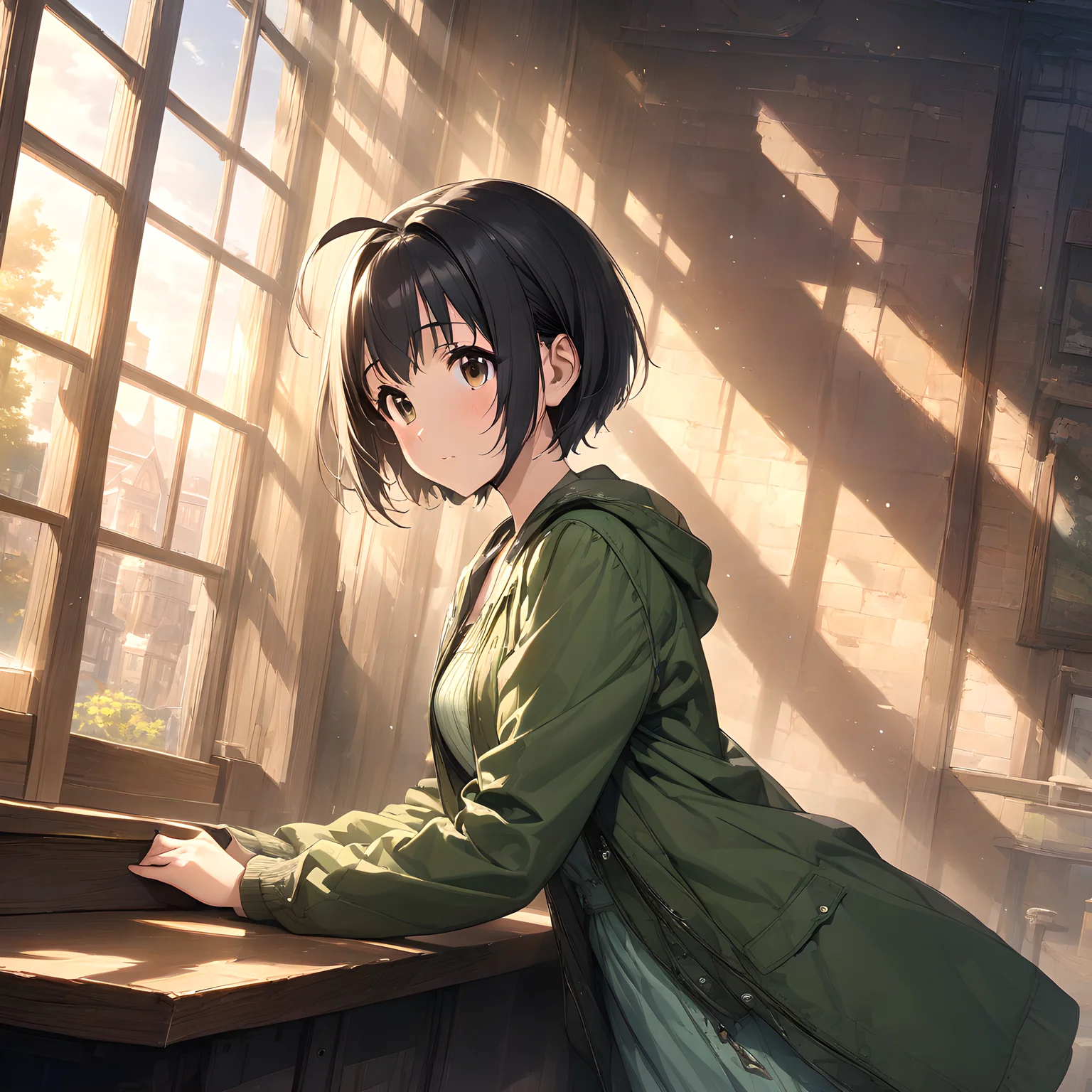 (masterpiece),(best quality),(ultra-detailed),(best illustration),(best shadow),(absurdres),(detailed background),(very aesthetic), miho kohinata, 1girl, ahoge, short hair, black hair, solo, brown eyes, jacket, dress, window, long sleeves, bangs, from side, green dress<lora:Miho_Kohinata:1>