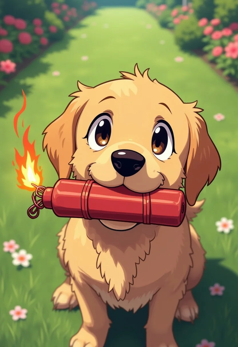 the image is shot from the pov of a person who owns a dog. that dog is the main focus of the image, looking up at the viewer with his puppy eyes expecting praise. the dog has an ignited dynamite in his mouth. the dog resembles a cute golden retriever. the image is in an anime style. the image is very detailed and takes place outdoors with a garden in the background with fresh grass and flowers, the garden is not wide, but also not too small