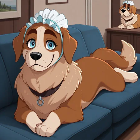 Nana(PP), Solo, 1girl, feral, dog, Saint Bernard, brown and tan fur, blue eyes, floppy dog ears, bushy dog tail, black nose, nursemaid hat, black collar, full body, looking at viewer, smile, lying on stomach, living room setting,