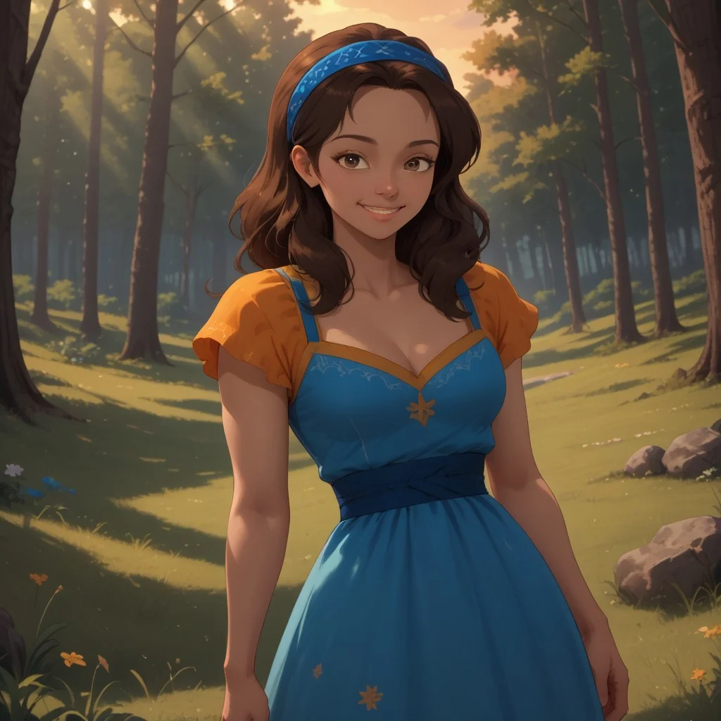 score_9, score_8, BREAK, solo, brown hair, brown eyes, blue ribbon, blue long dress, black shoes, dark skin, dark skin female, Isabel_(Elena_Of_Avalor), cute, sexy pose, self portrait, smile, outdoors, sunlight, shadows, evening lighting, natural lighting, forest, trees, grass, orange sky, sunset