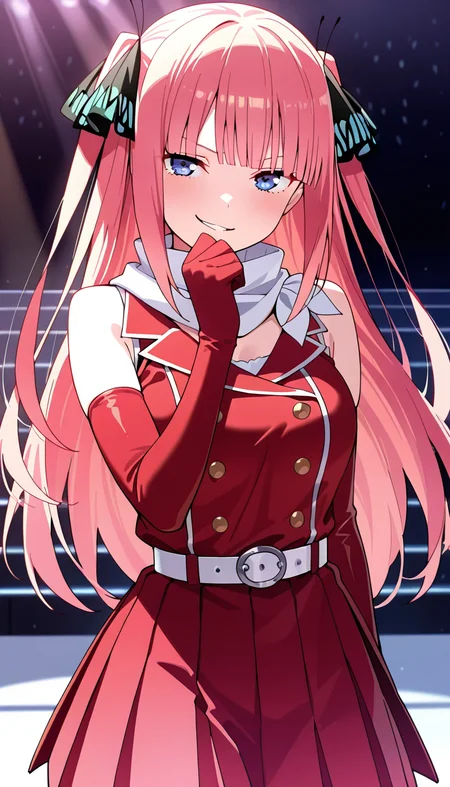 masterpiece, best quality, very aesthetic, absurdres,
solo, 1girl,
nino, long hair,bangs, blue eyes, hair ornament, hair ribbon, pink hair, blunt bangs, two side up, butterfly hair ornament,
smirk,
idol, red shirt, sleeveless, pleated skirt, red skirt, elbow gloves, red gloves, white belt, scarf,
outside,