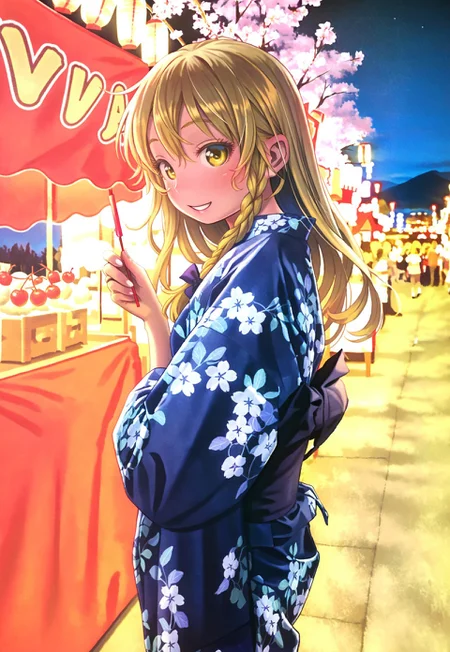 Marisa Kirisame, Touhou Project, Japanese spring festival, yukata dress, colorful lanterns, cherry blossoms, traditional decorations, night time scene, festive atmosphere, cheerful crowd, glowing lights, vivid illustrations, masterpiece,best quality,amazing quality