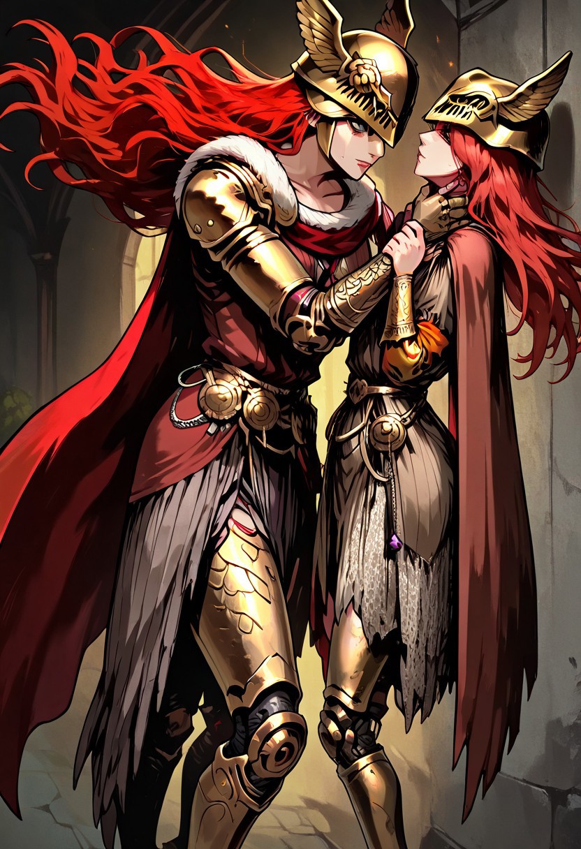 masterpiece, best quality, newest, absurdres, highres, anime, anime style, TTCSV1.0
((1girl, malenia blade of miquella, floating hair, red hair, long hair, prosthetic leg, armor, gold armor, winged helmet, armor, red cape, prosthetic arm, single mechanical arm, 
neck grab, hand on another's neck, chokehold, choke hold, lifting person, NLV1.0))
BREAK
1boy, dangling legs, lifted, suspended,