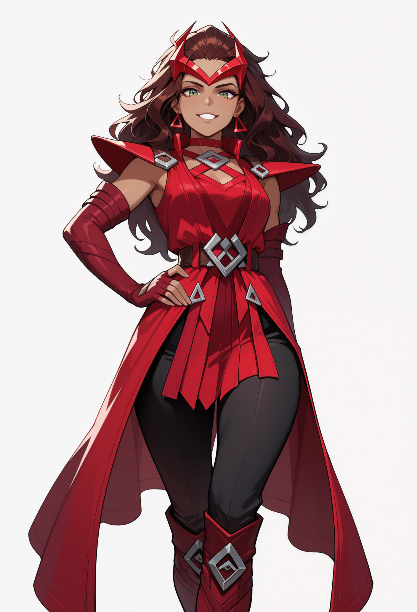 1girl, solo, hand on own hip, looking at viewer, grin, white background, 
dark-skinned female, brown hair, long hair, green eyes, tiara, earrings, 
red choker, shoulder armor, red dress, criss-cross halter, fingerless gloves, elbow gloves, red gloves, belt, black pants, red footwear, knee boots, 
masterpiece, best quality, <lora:scarlet_witchMR-guy90-Illust-LoraV1:1>, rmcacs