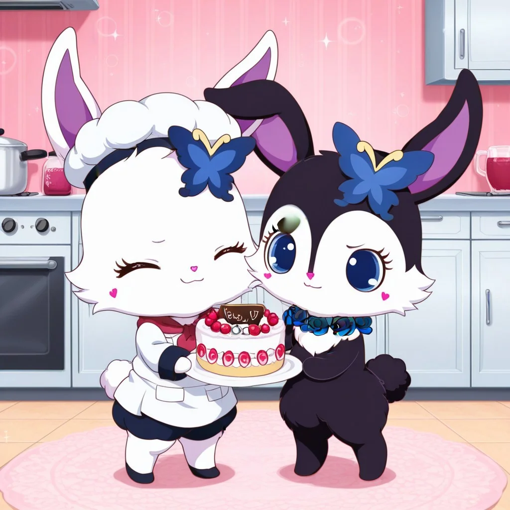 score_9, score_8_up, score_7_up, score_6_up, score_5_up,
best quality, masterpiece, smirks, Full Body, Romantic, Small Body, Furry, looking_pleasured, duo, female/female, 2girls, kitchen, chefs hat, chefs shirt, chefs skirt, rubyjp, no humans, rabbit, chibi, furry, hair ornament, necklace, jewelry, chest fur, white fur, chef outfit, holding a sign that say " buzz cake", largest cake, luea, feral, blue eyes, rabbit, furry, rabbit ears, black fur, purple inner ear, white chest fur, white face, chibi, body fur, (blue butterfly hair ornament), (blue rose necklace), chef outfit, large cake, writing on cake say "buzz for cake",