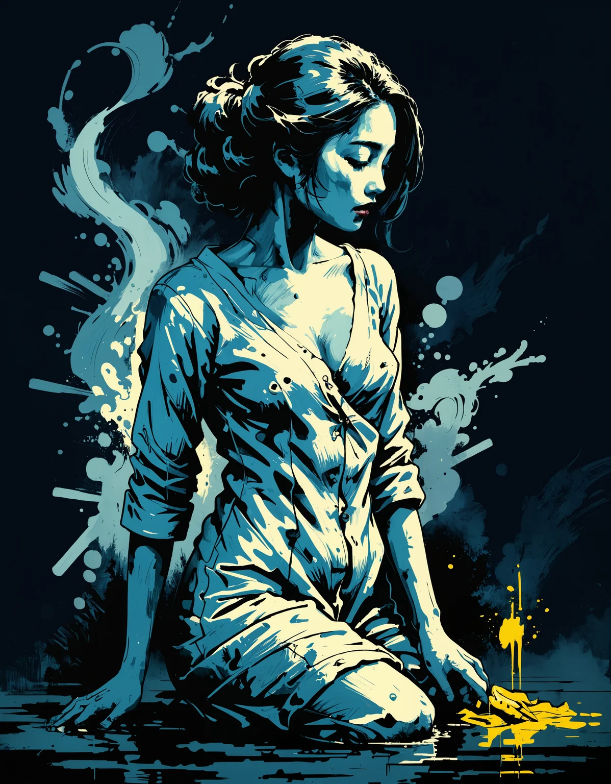 zavy-ngtvpnt, negative space, minimalism, painting, Female Siren of Longing, Cleaning, dressed in Shabby suit, Bathed in shadows, body horror themes, Japanese woodblock prints, baroque, atmosphere, cute, intense, dramatic, dynamic cinematic perfect background, exquisite color, stunning detail, highly color focused