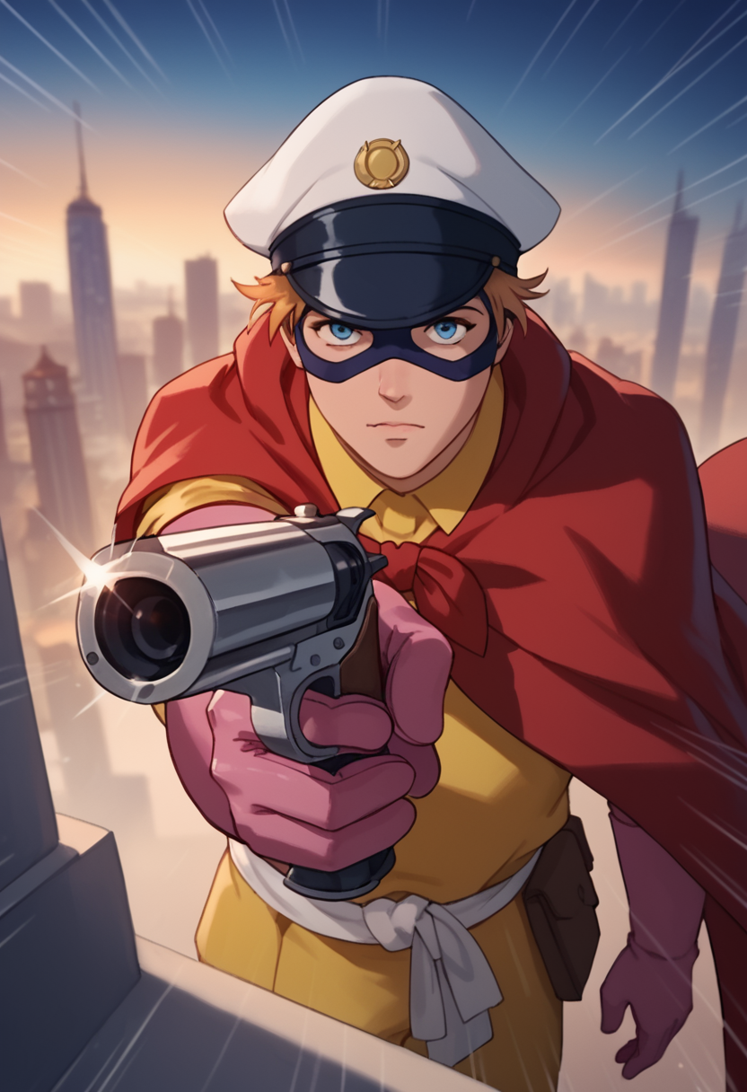embedding:Pony\Positive\zPDXL3, sscore_9, score_8_up, score_7_up, 1boy, arnold_ts!, blue eyes, skinny body, orange hair, admiral admirable costume, hat, domino mask, pink gloves, red cape, gun, hold weapon, revolver, aiming at viewer, emphasis lines, dynamic angle, city background, best quality, high resolution, masterpiece.
