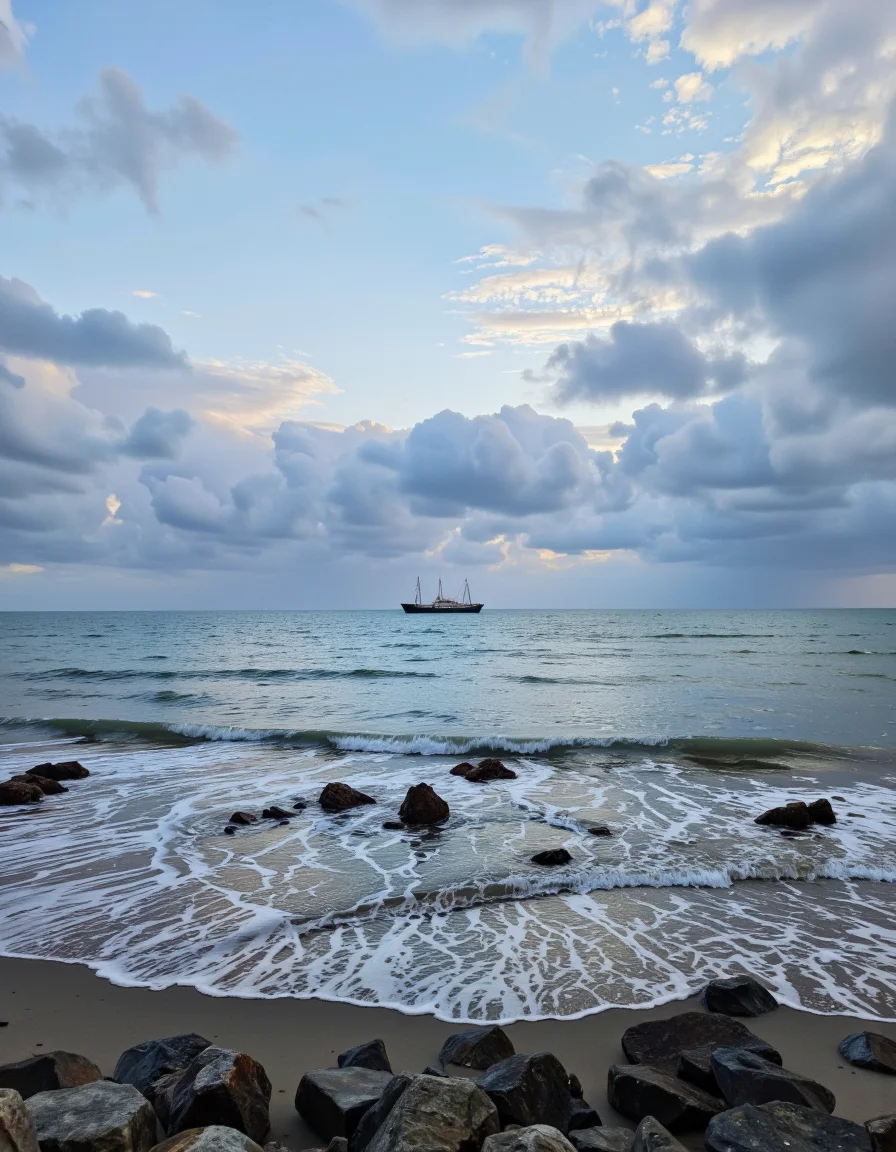 By Maria Isabel Ruiz. A serene beach scene with a lone ship in the distance, captured from a distance camera angle. the image features a calm ocean with waves crashing onto the shore, and a rocky shoreline in the foreground. the sky is a mix of light blue and gray clouds, creating a moody atmosphere. the water is a deep blue, with gentle ripples on the sand, and the rocks are scattered along the shoreline. the overall scene is peaceful and serene, with a sense of tranquility and tranquility.