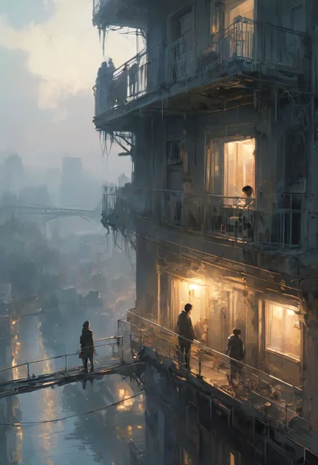Melancholy, (spark of hope, godray, mist, fog, sparkles), Full-Body Metal Atmospheric Lighting, bridges, streets, puddled vegetation, people silhouettes standing on balconies, by Makoto Shinkai, Stanley Artgerm Lau, WLOP, Rossdraws, James Jean, Andrei Riabovitchev, Marc Simonetti, krenz cushart, Sakim  <lora:add-detail-xl:0.75>  <lora:xl_more_art-full_v1:0.5>