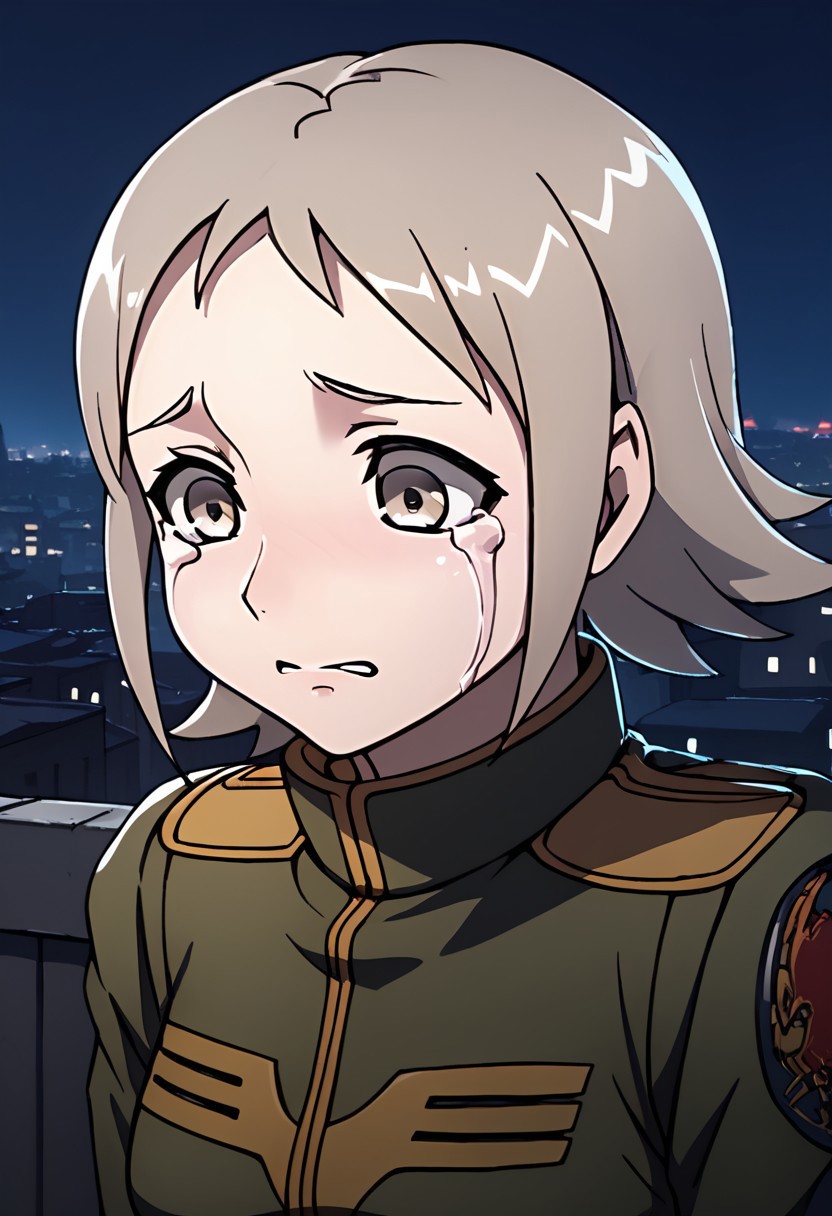 score_9, score_8_up, score_7_up,city view, 1 female,night view, moonlight,anne, female, grey hair, grey eyes, military uniform, crying