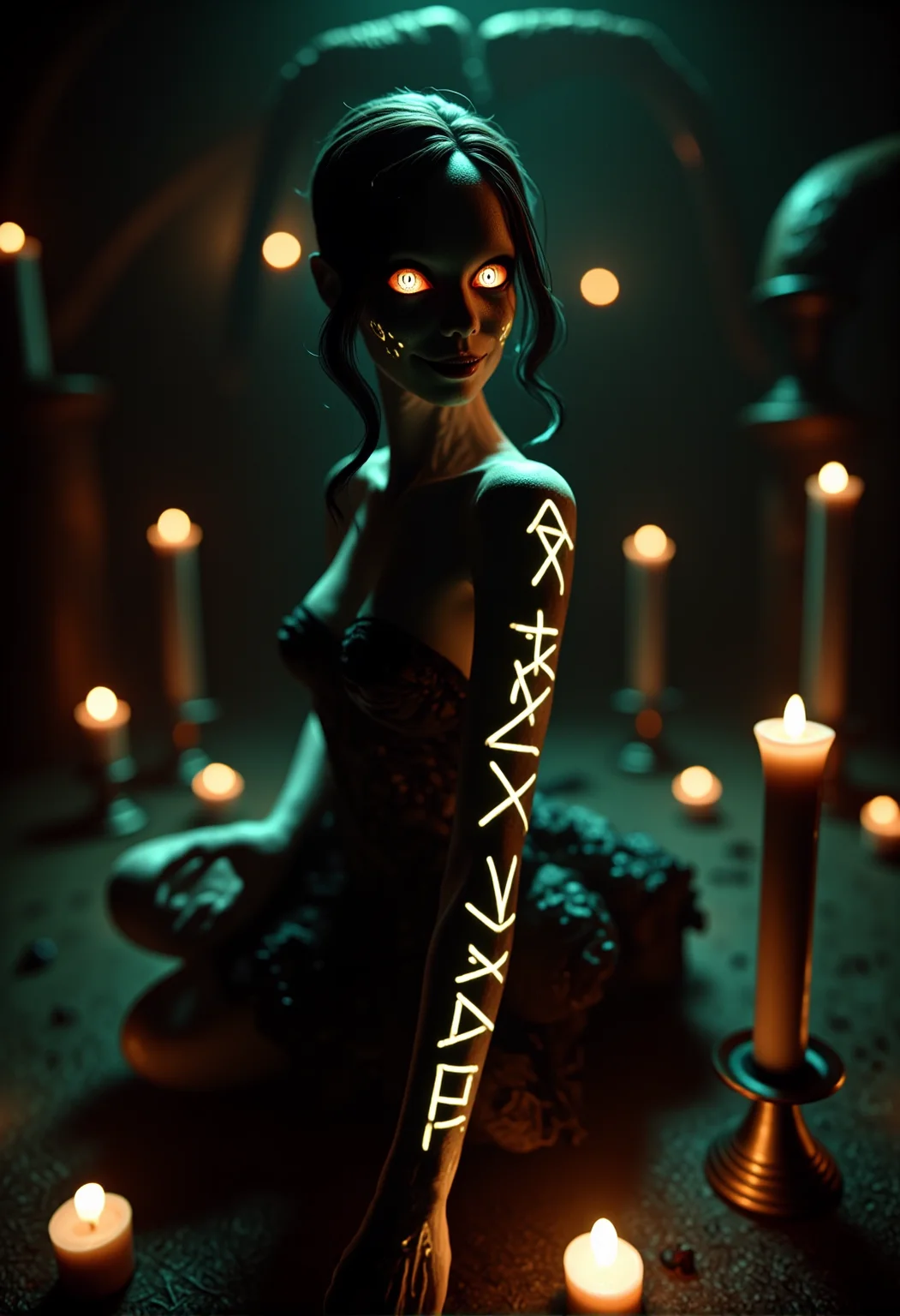 bv-demskirun. A dynamic shot of a vampiric sorceress, seen from below to make her appear imposing, looking over her shoulder, her lips curling into a wicked smile, her skin showing cracks with an inner glow emanating from within, in a ritual chamber lit by candles, surrounded by candles in a circle, lit by a greenish hue from nearby runes , <lora:bv-demonic-skin-runes.safetensors:1.0:1.0>