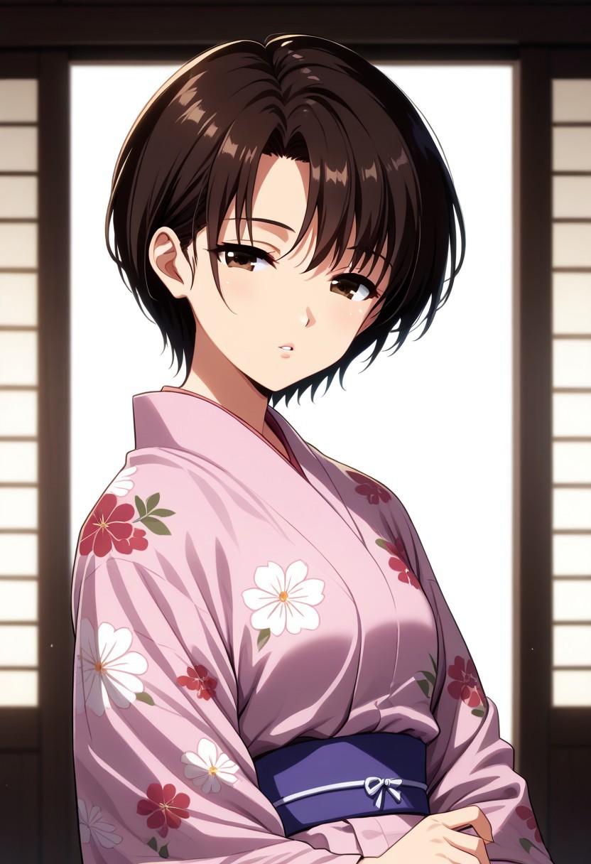 (solo:1.0) score_9,score_8_up, newest,beautiful eyes, beautiful hair, beautiful skin, cinematic lighting, aesthetic, rating, sensitive, side view,   
,Maya Ibuki, , brown eyes, dark-brown hair, asymmetrical bangs, short hair, undercut hair, skinny, small breast,
yukata, floral printed yukata, pink yukata, flowers, looking at viewer, parted lips, tilt head, looking at viewer, half-closed eyes, , shiny skin,