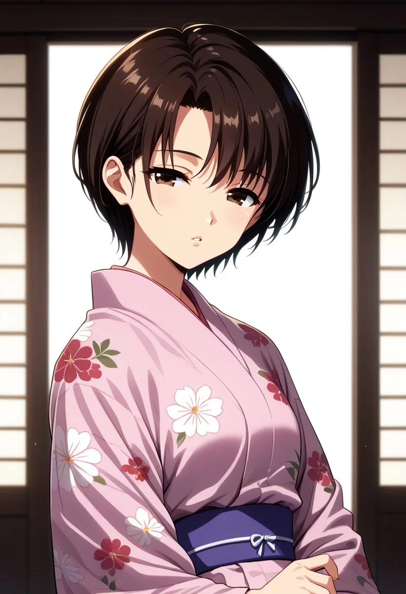 (solo:1.0) score_9,score_8_up, newest,beautiful eyes, beautiful hair, beautiful skin, cinematic lighting, aesthetic, rating, sensitive, side view,
,Maya Ibuki, , brown eyes, dark-brown hair, asymmetrical bangs, short hair, undercut hair, skinny, small breast,
yukata, floral printed yukata, pink yukata, flowers, looking at viewer, parted lips, tilt head, looking at viewer, half-closed eyes, , shiny skin,
