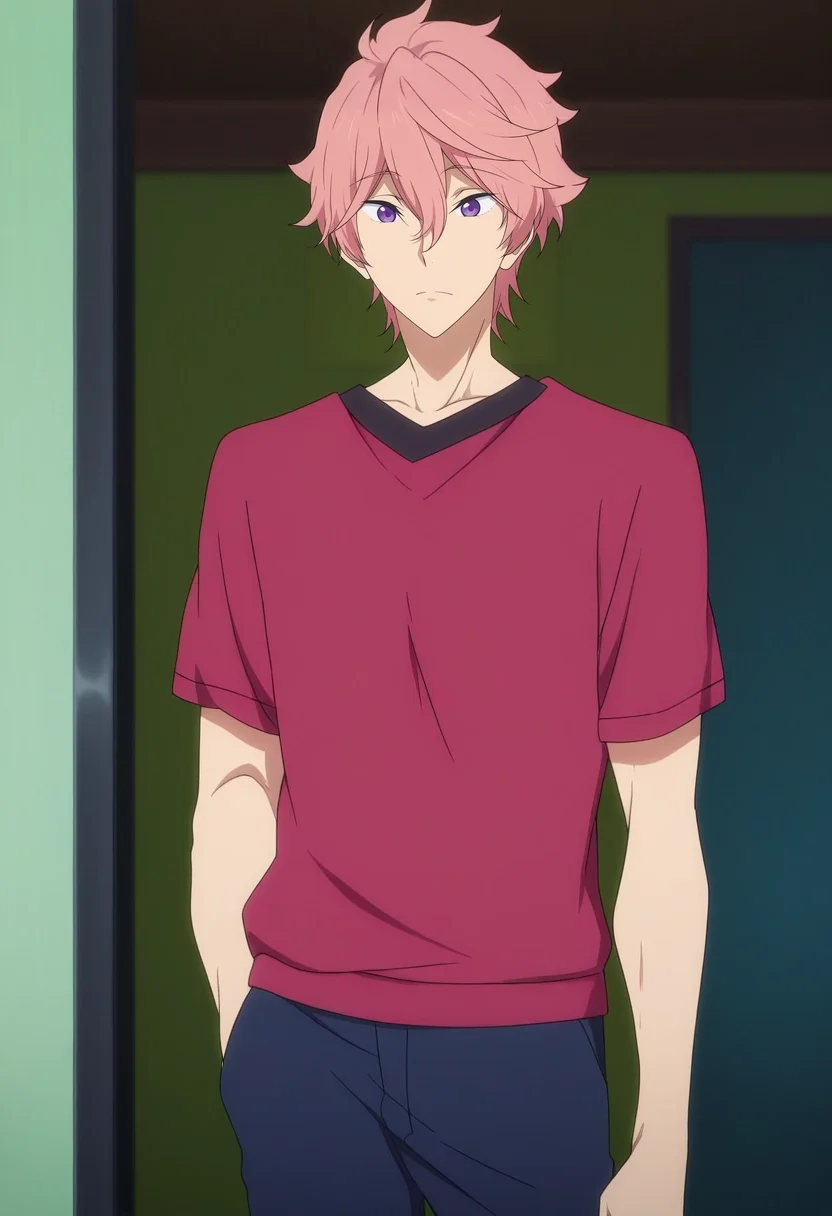 masterpiece, best quality, anime screencap, official style, anime coloring, cowboy shot, 1boy, solo, male focus, <lora:kisumi_shigino_ilxl:0.96>, kisumi_shigino, pink hair, purple eyes, hair between eyes, ,