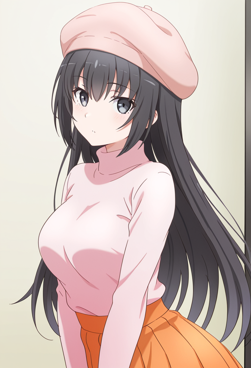 1girl, oregairumiagup, black hair, very long hair, black eyes, pink turtleneck sweater, orange skirt, pleated skirt, beret, looking at viewer, cute, season2art, <lora:RumiHighSchool_ill_v2:1>, masterpiece, best quality, high quality, detailed, absurdres