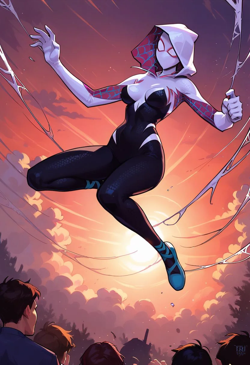 score_9, score_8_up, score_7_up, score_6_up, score_5_up, score_4_up, spider Gwen, swinging through Times Square, airborne, acrobatic, graceful, medium breasts, cinematic angle, cinematic lighting, action, determination, masterpiece, n30n, neon lights