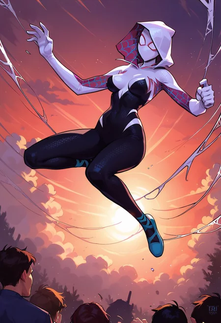 score_9, score_8_up, score_7_up, score_6_up, score_5_up, score_4_up, spider Gwen, swinging through Times Square, airborne, acrobatic, graceful, medium breasts, cinematic angle, cinematic lighting, action, determination, masterpiece, n30n, neon lights