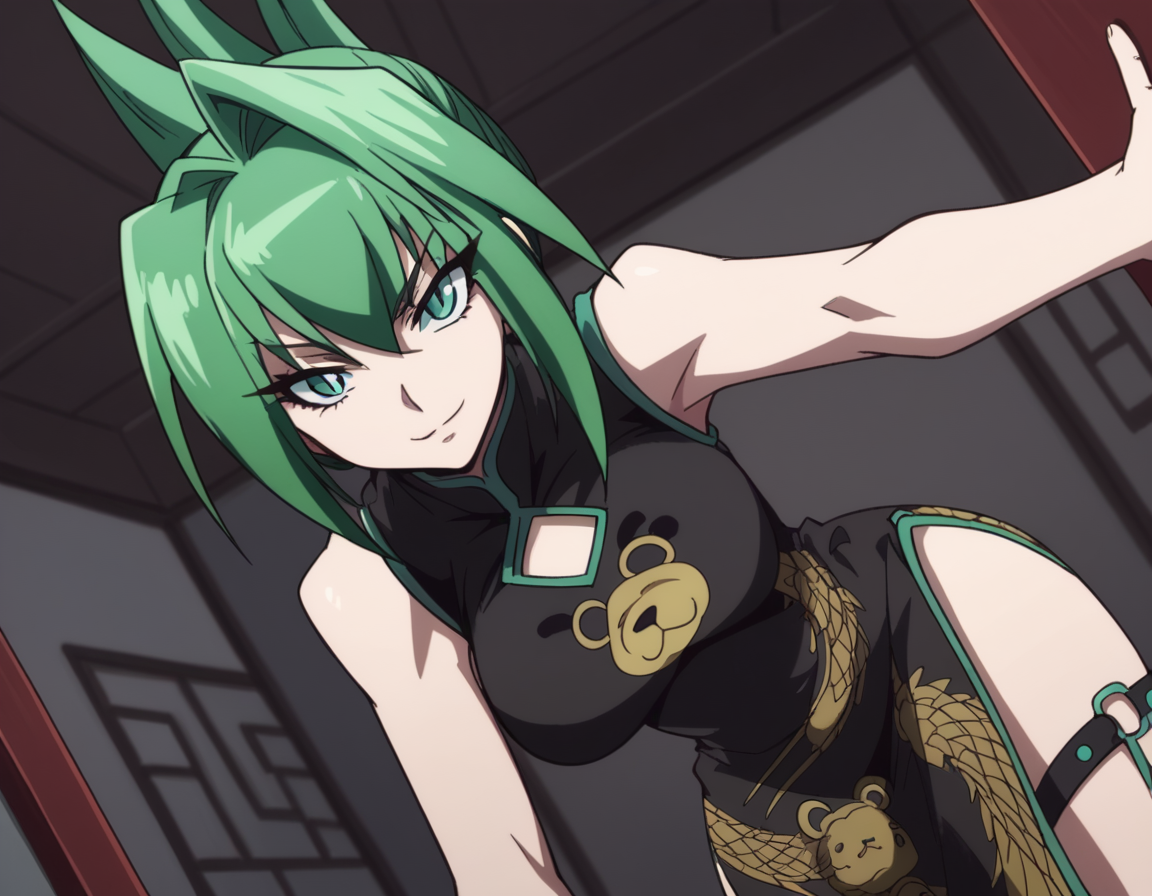 score_9, score_8_up, score_7_up, source_anime,
juntao, <lora:jun-tao-2021-s1-ponyxl-lora-nochekaiser:1>,
jun tao, green eyes, green hair, hair between eyes,
animal print, bear print, black dress, china dress, chinese clothes, dress, air, hip vent, panda print, side slit, sleeveless, sleeveless dress, thigh strap,
indoors, bent over, smile,
looking at viewer, cowboy shot, solo, dutch angle