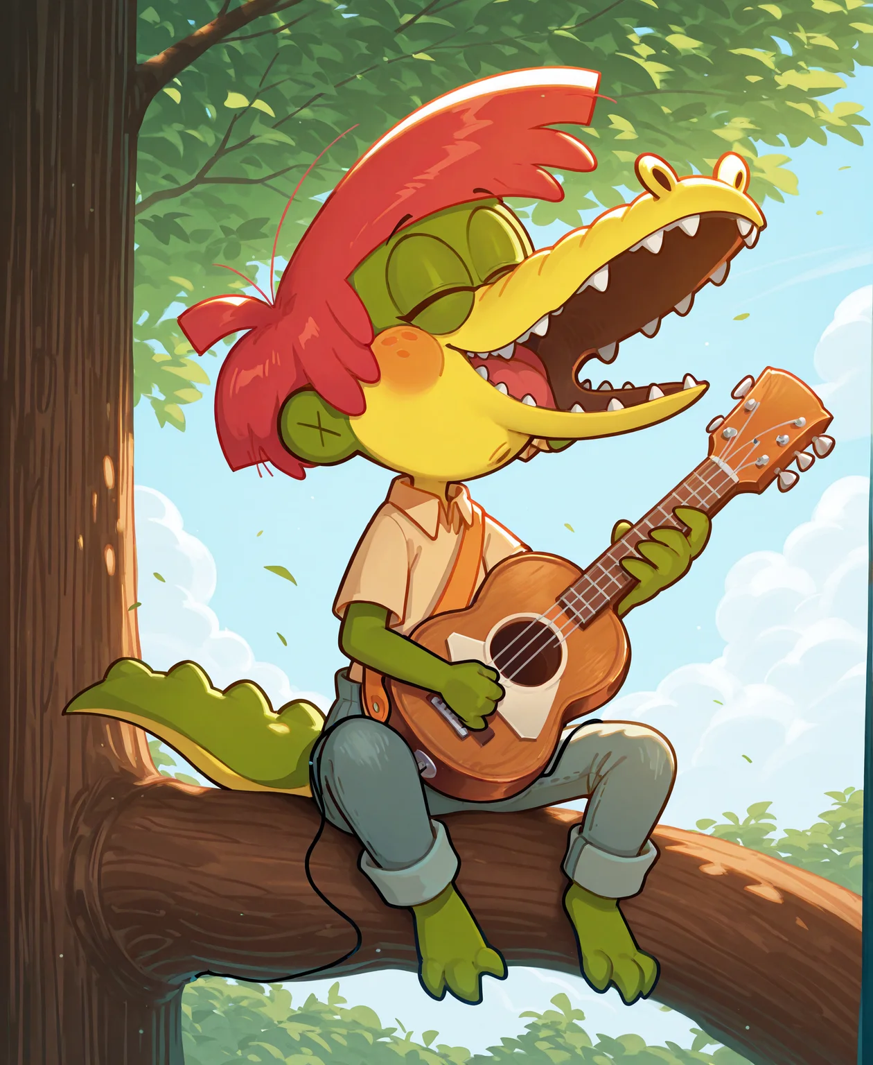 <lora:ArloIllustrious:1> Arlo Beauregard, alligator, red hair, freckles, young, scalie BREAK
sitting on a tree branch, playing a banjo guitar, musical instrument, overalls, yellow shirt, orange strap, closed eyes, open mouth, facing up, raised hand, stretched legs, BREAK
<lora:spo_sdxl_10ep_4k-data_lora_webui:1> highly detailed, detailed background, absurdres, high resolution, 8K, highres, 4k, 2k, high detail, masterpiece, best quality, amazing quality, very aesthetic, absurdres, newest, scenery, ultra-detailed, newest, scenery, volumetric lightingâââ