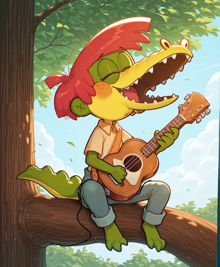 <lora:ArloIllustrious:1> Arlo Beauregard, alligator, red hair, freckles, young, scalie BREAK
sitting on a tree branch, playing a banjo guitar, musical instrument, overalls, yellow shirt, orange strap, closed eyes, open mouth, facing up, raised hand, stretched legs, BREAK
<lora:spo_sdxl_10ep_4k-data_lora_webui:1> highly detailed, detailed background, absurdres, high resolution, 8K, highres, 4k, 2k, high detail, masterpiece, best quality, amazing quality, very aesthetic, absurdres, newest, scenery, ultra-detailed, newest, scenery, volumetric lightingâââ
