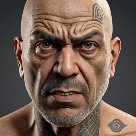 masterpiece, full face ultra realistic photograph
50yo man, extremely ugly, scary looking, repulsive face, disgusting face, fat, dark complexion, round head, angry eyes, tattooed face, stained teeth, scars on face, knife cut running from left eyebrow to right cheek, clean shaven, evening shadow, angry look, plain white background
highly detailed, 8k, UHDR, anatomically accurate, full frontal image, photo realistic, ultra realistic